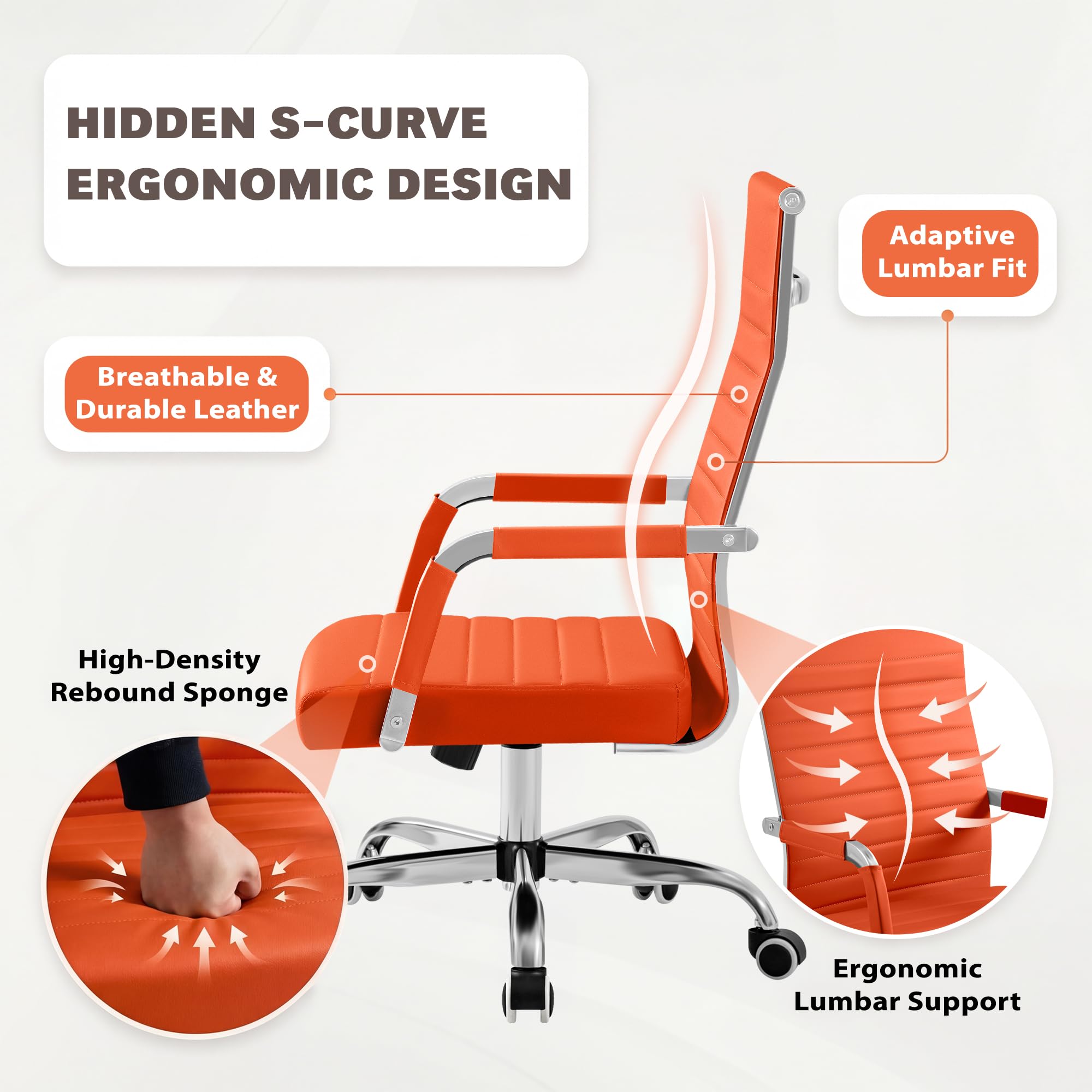 Ergonomic Office Desk Chair, Executive Ribbed Mid-Back PU Leather Conference Room Chair Adjustable Swivel Chair with Arms (1, Orange)