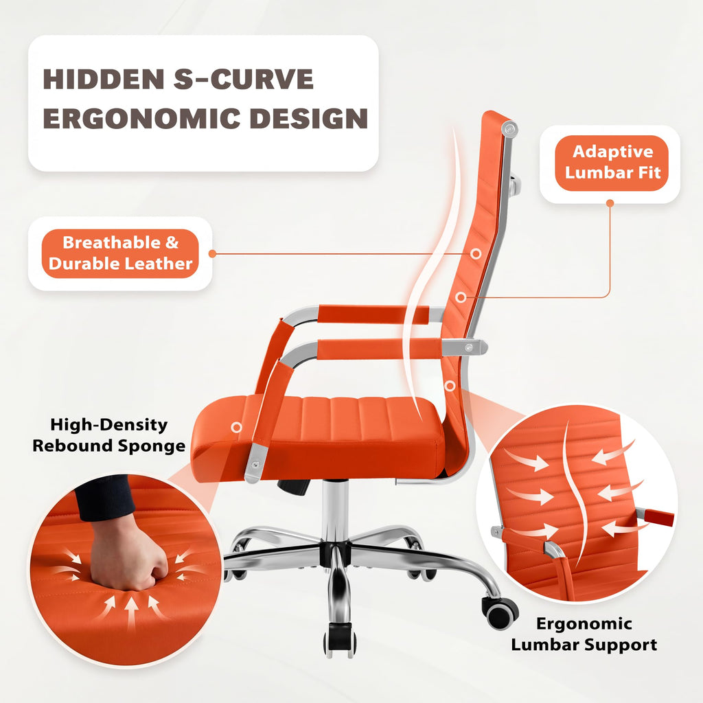 Ergonomic Office Desk Chair, Executive Ribbed Mid-Back PU Leather Conference Room Chair Adjustable Swivel Chair with Arms (2, Orange)