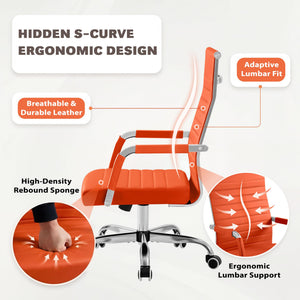 Ergonomic Office Desk Chair, Executive Ribbed Mid-Back PU Leather Conference Room Chair Adjustable Swivel Chair with Arms (1, Orange)