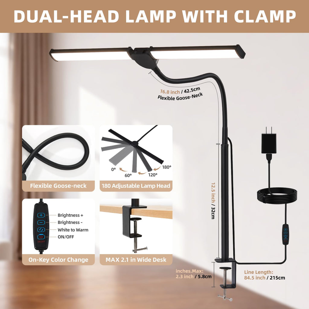 LED Desk Lamp for Home Office, Double Head Architect Light with Clamp, Computer Monitor Clip on Light, 3 Modes and 10 Brightness, Adjustable Flexible Goose-Neck, Table Task Lamp, Black