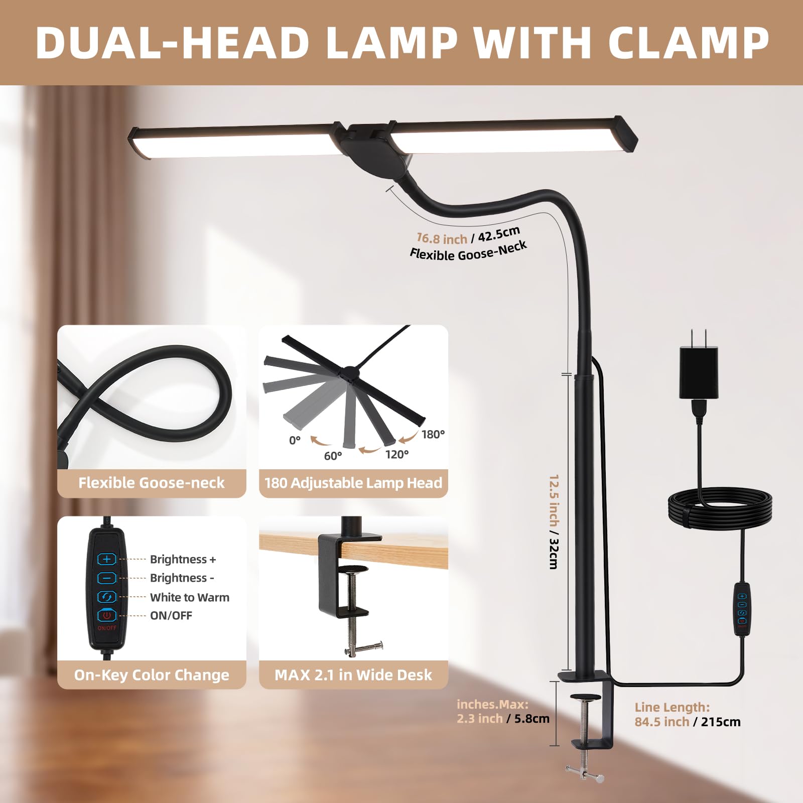 LED Desk Lamp for Home Office, Double Head Architect Light with Clamp, Computer Monitor Clip on Light, 3 Modes and 10 Brightness, Adjustable Flexible Goose-Neck, Table Task Lamp, Black