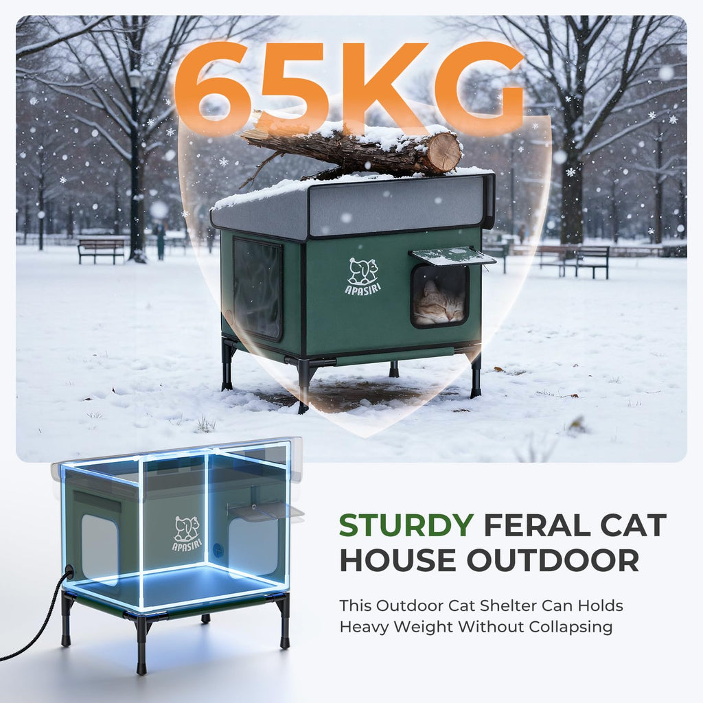 Heated Cat House for Outdoor: Weatherproof Outside Cat Shelter, Insulated Cat House Outdoor with Heated Pad, Sloping Roof & Escape Door, Elevated Base for Stray Cats, Large