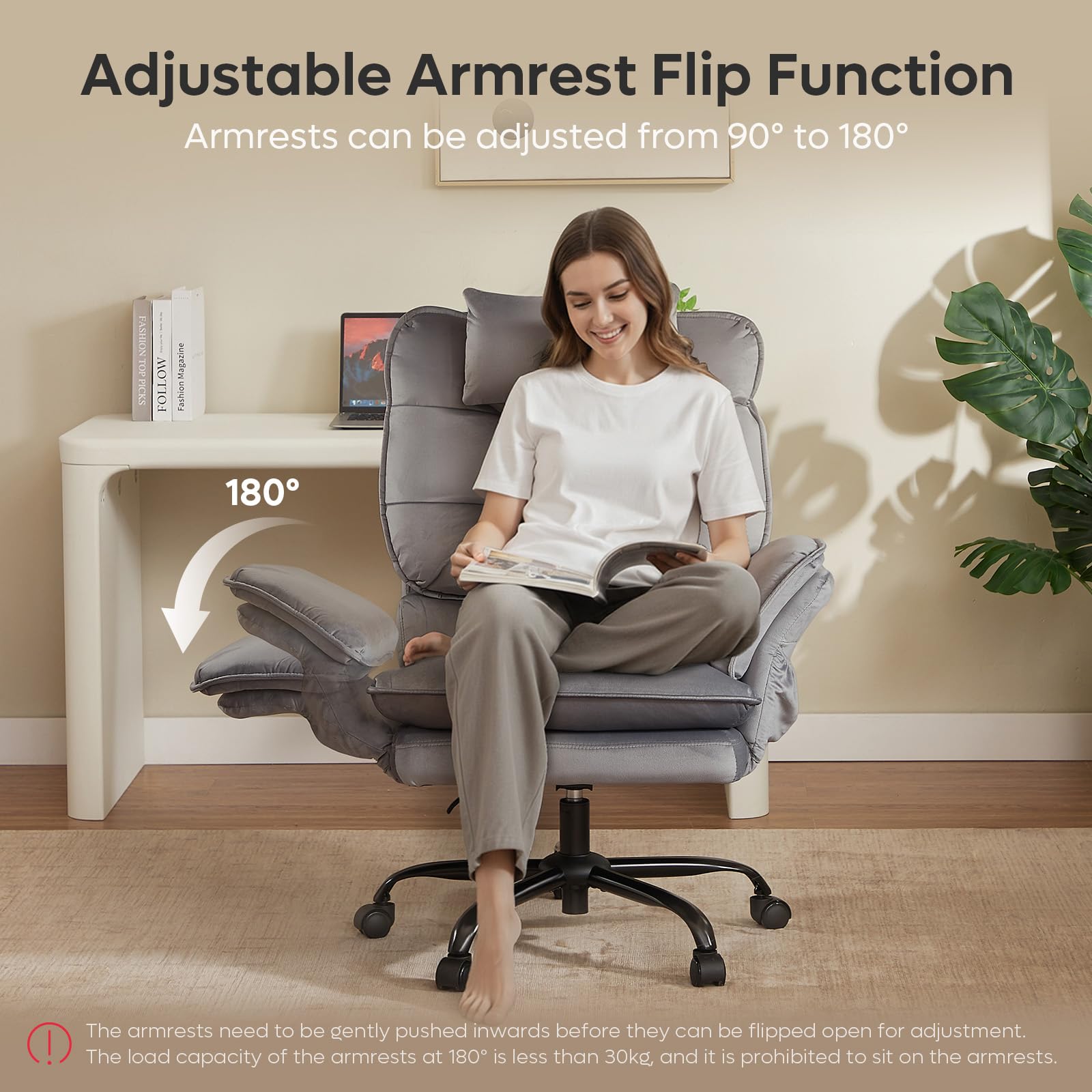 Criss Cross Chair with Flip-Up Armrests and Headrest, 135° Reclining Swivel Executive Chair with Side Pockets, Big and Tall Computer Desk Chair for Home Office Bedroom, Grey Velvet
