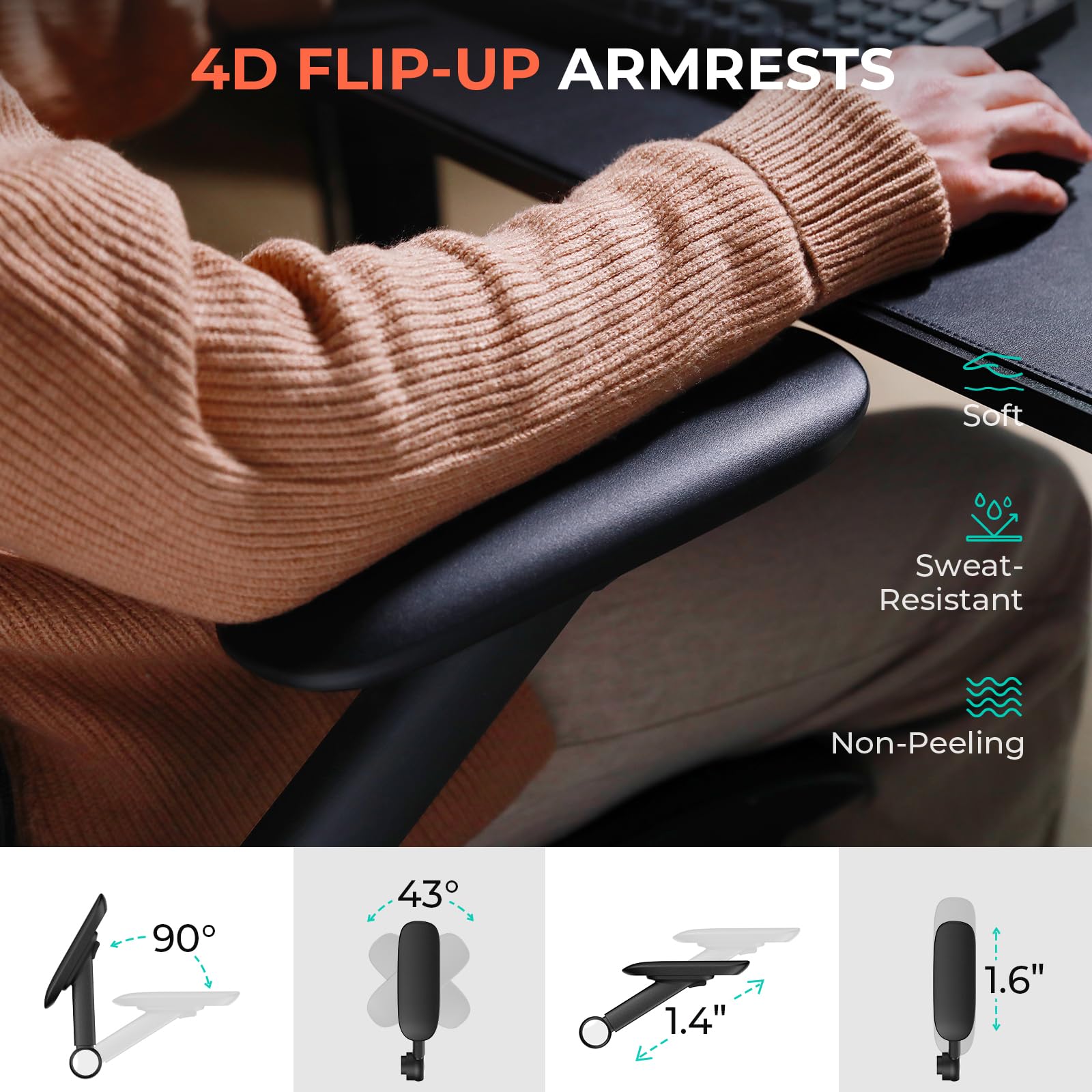 Ergonomic Mesh Office Chair, Adjustable Lumbar High Back Desk Chair 400lbs, 4D Flip-up Arms, 3-Level Tilt Backrest, 3D Headrest, PU Wheels, Swivel Rolling Computer Seating for Long Desk Work