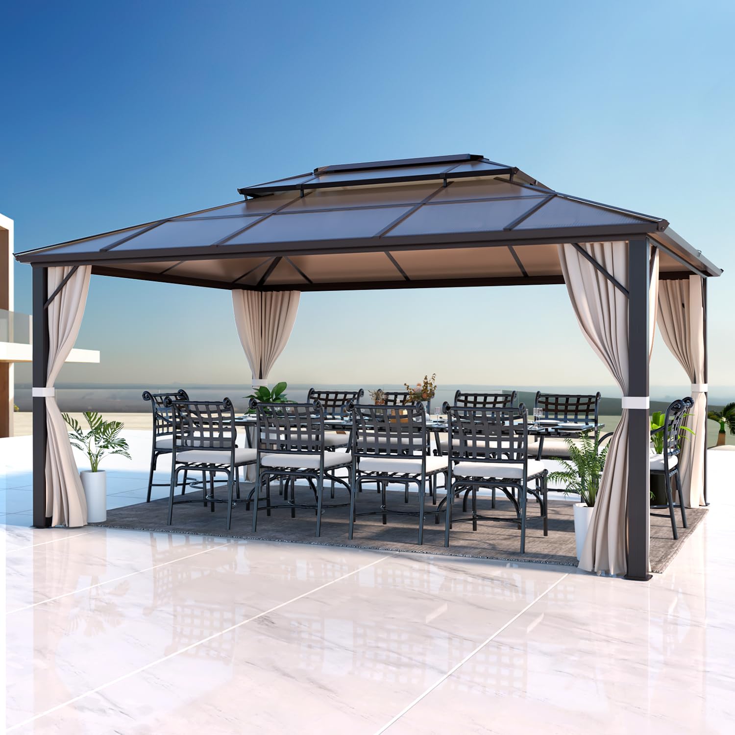 12'x16' Gazebo Polycarbonate Double Roof Pavilion Gazebo Outdoor Aluminum Frame Canopy with Netting and Curtains for Garden Patio Lawns Parties