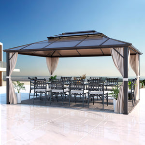 12'x16' Gazebo Polycarbonate Double Roof Pavilion Gazebo Outdoor Aluminum Frame Canopy with Netting and Curtains for Garden Patio Lawns Parties