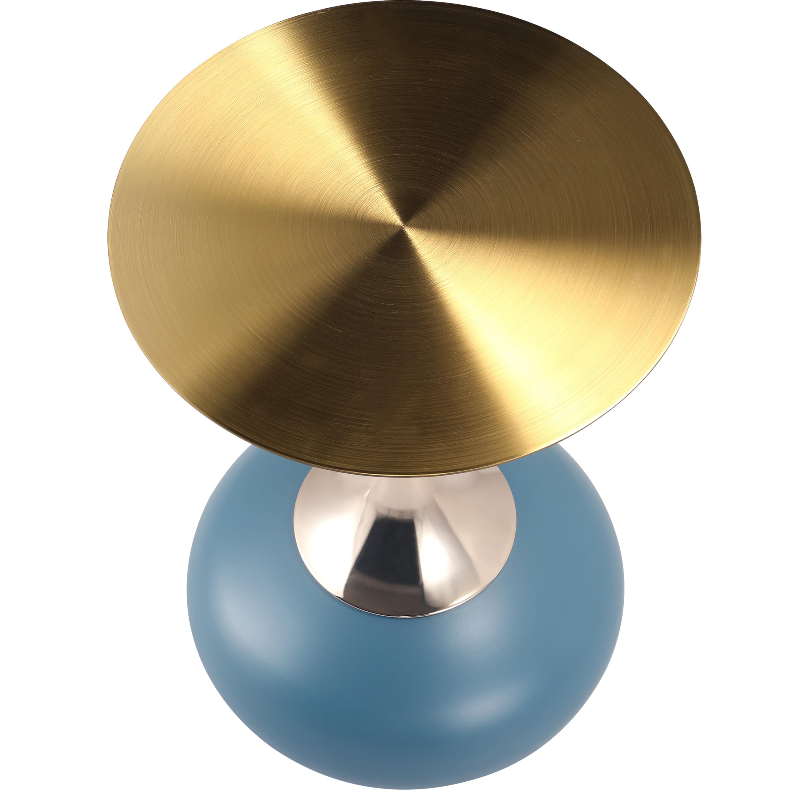 Modern Round Side Table with Gold Stainless Steel Top, Gold Pedestal Stem & Glossy Base, Accent End Table for Living Room, Bedroom, or Small Spaces, 17.7" × 21.6", Blue