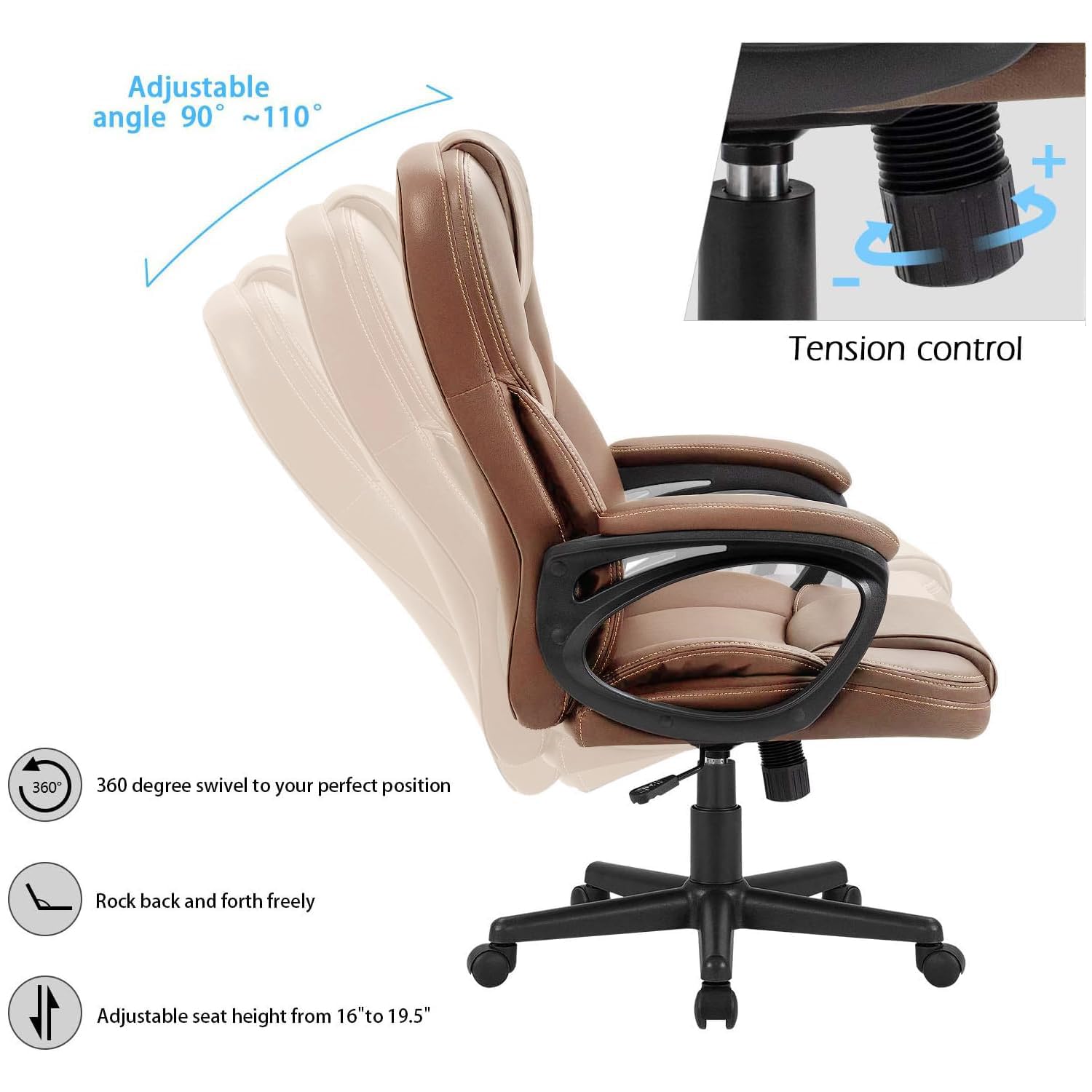 Office Executive Chair High Back Adjustable Managerial Home Desk Chair, Swivel Computer PU Leather Chair with Lumbar Support (2, Light Brown)