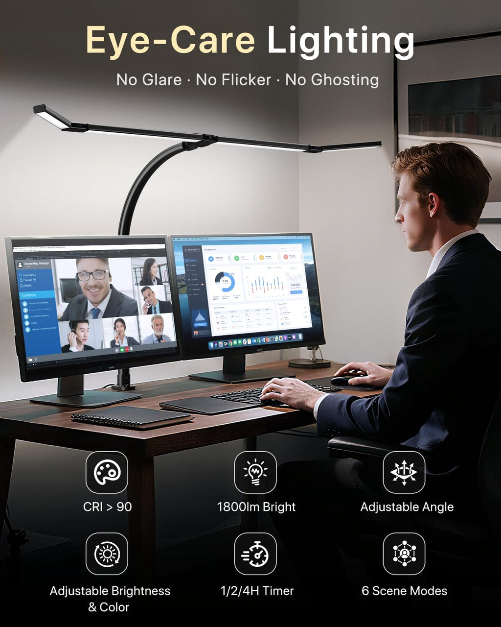 42" LED Desk Lamp with Clamp, Architect Desk Light with Remote, Adjustable 4-Segment Bar, 1800LM Bright, Eye-Caring Desk Lamp for Home Office, Reading, Study, Dual Monitors, Workbench (Black)