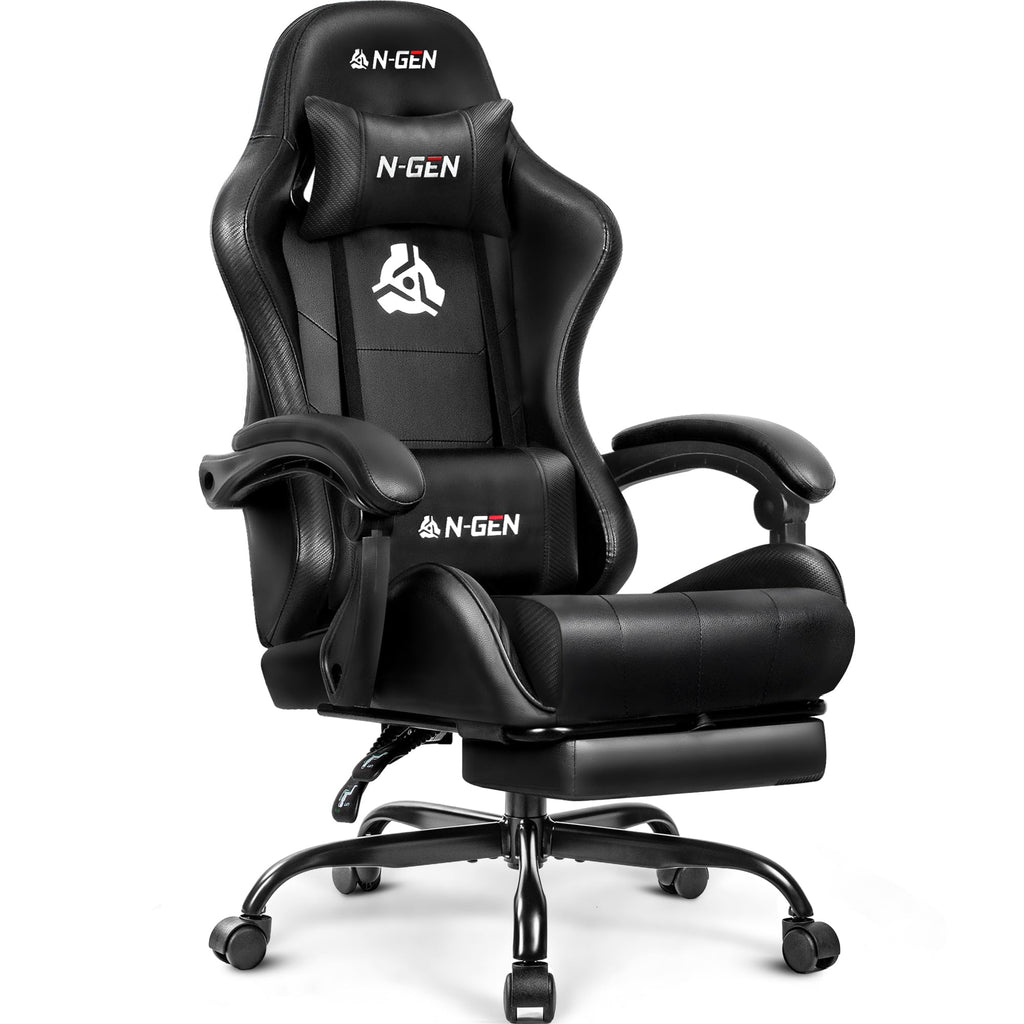Video Gaming Chair with Footrest Lumbar Support for Home Office High Back Recliner Height Adjustable Ergonomic Comfy Leather Computer Desk Chair (Deep Black)