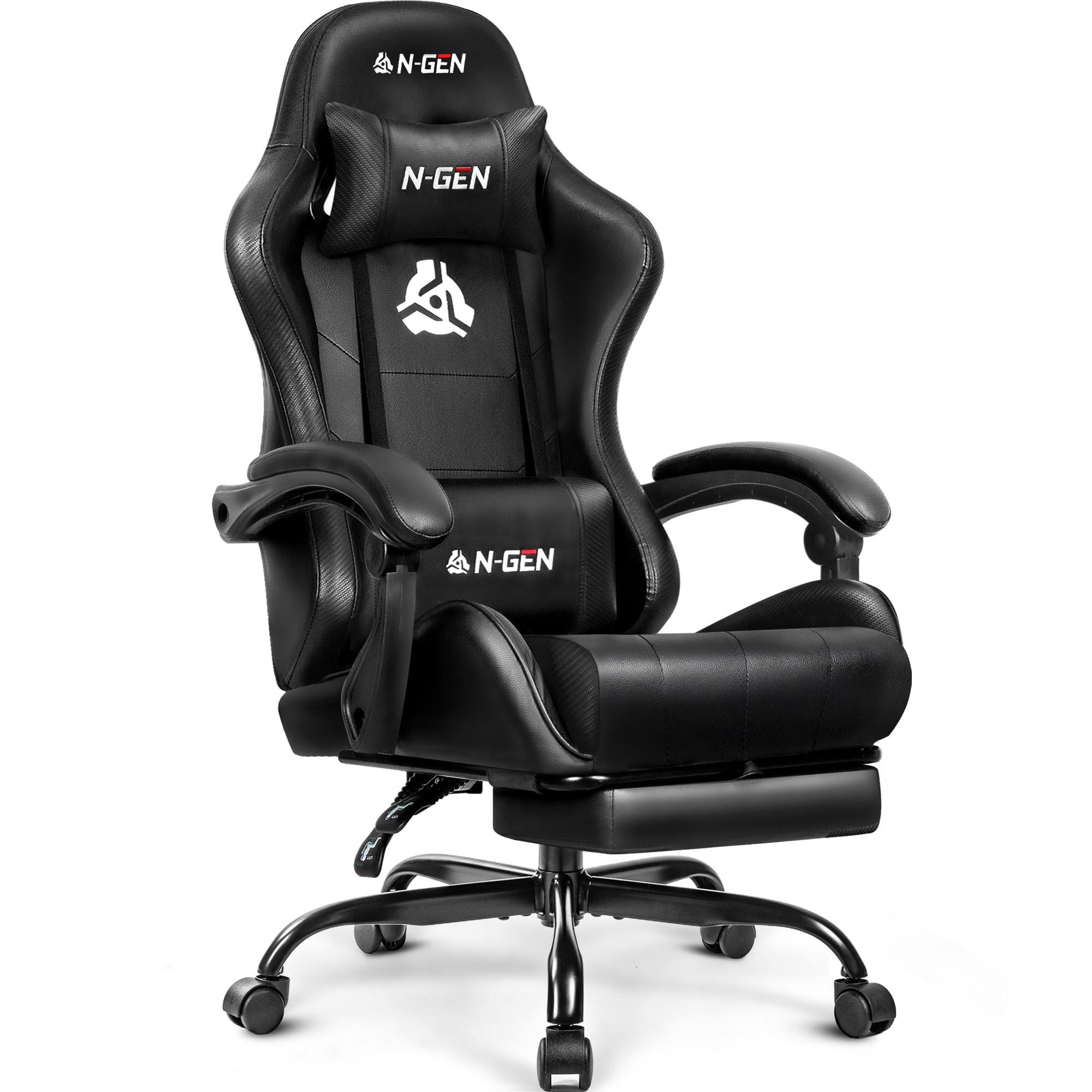 Video Gaming Chair with Footrest Lumbar Support for Home Office High Back Recliner Height Adjustable Ergonomic Comfy Leather Computer Desk Chair (Deep Black)