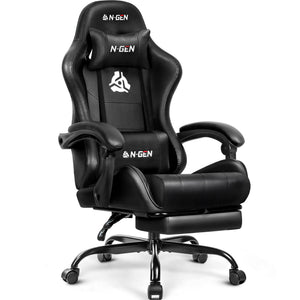 Video Gaming Chair with Footrest Lumbar Support for Home Office High Back Recliner Height Adjustable Ergonomic Comfy Leather Computer Desk Chair (Deep Black)