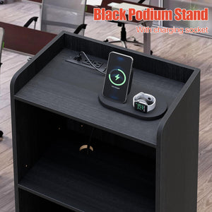 Podium Stand - Portable Podium Stand with 4 Rolling Wheels, Pulpits for Churches with Adjustable Shelf, Hostess Stand, Mobile podiums for Church, Classroom, Office (with Charging Station)