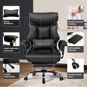 Big and Tall Gaming Chair 400lbs Heavy Duty Office Chair with Foot Rest & Ergonomic Pocket Spring Cushion, High Back Lumbar Support for Lower Back Pain Relief, White/Black