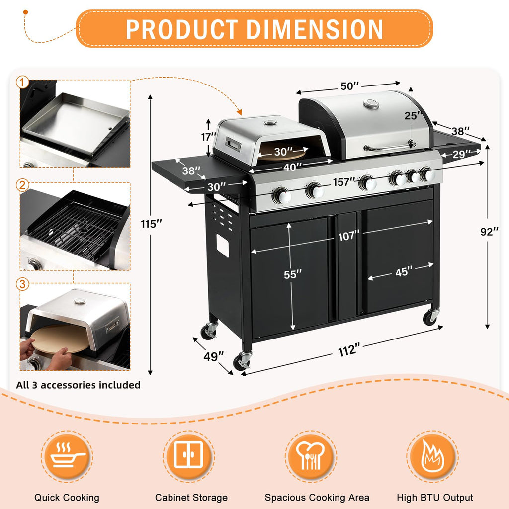 3 IN 1 Pizza Griddle Grill Combo, 74,000 BTU 5 Burner Stainless Steel Propane Gas Grill with Side Burner,Pizza Oven, Griddle and Porcelain Enameled Cast Iron Grates for Outdoor Patio Backyard