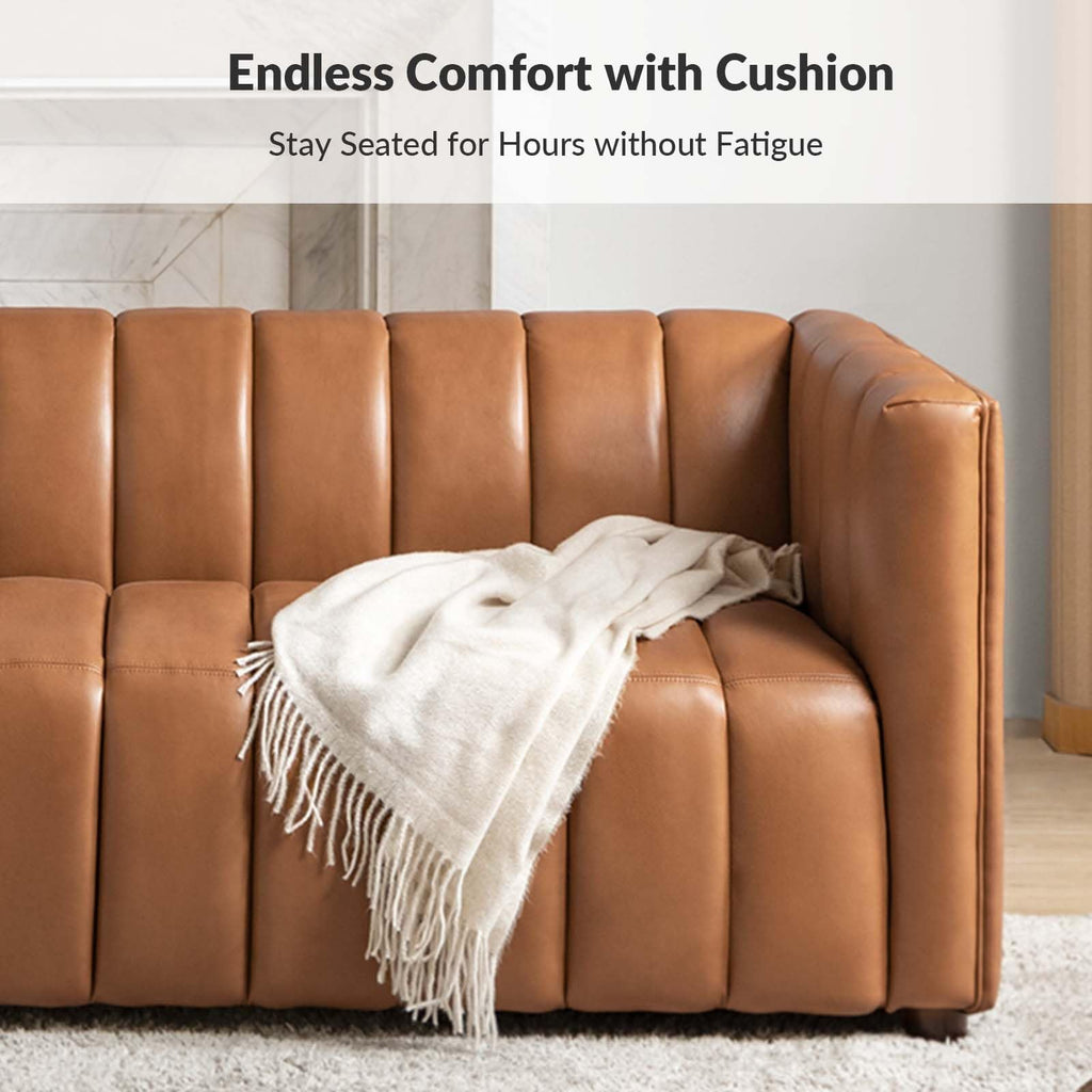 83" Genuine Leather Sofa with Channel Tufted Design, 3-Seater Sofa for Living Room Bedroom, Modern Oversized Couch with Wood Legs, Camel