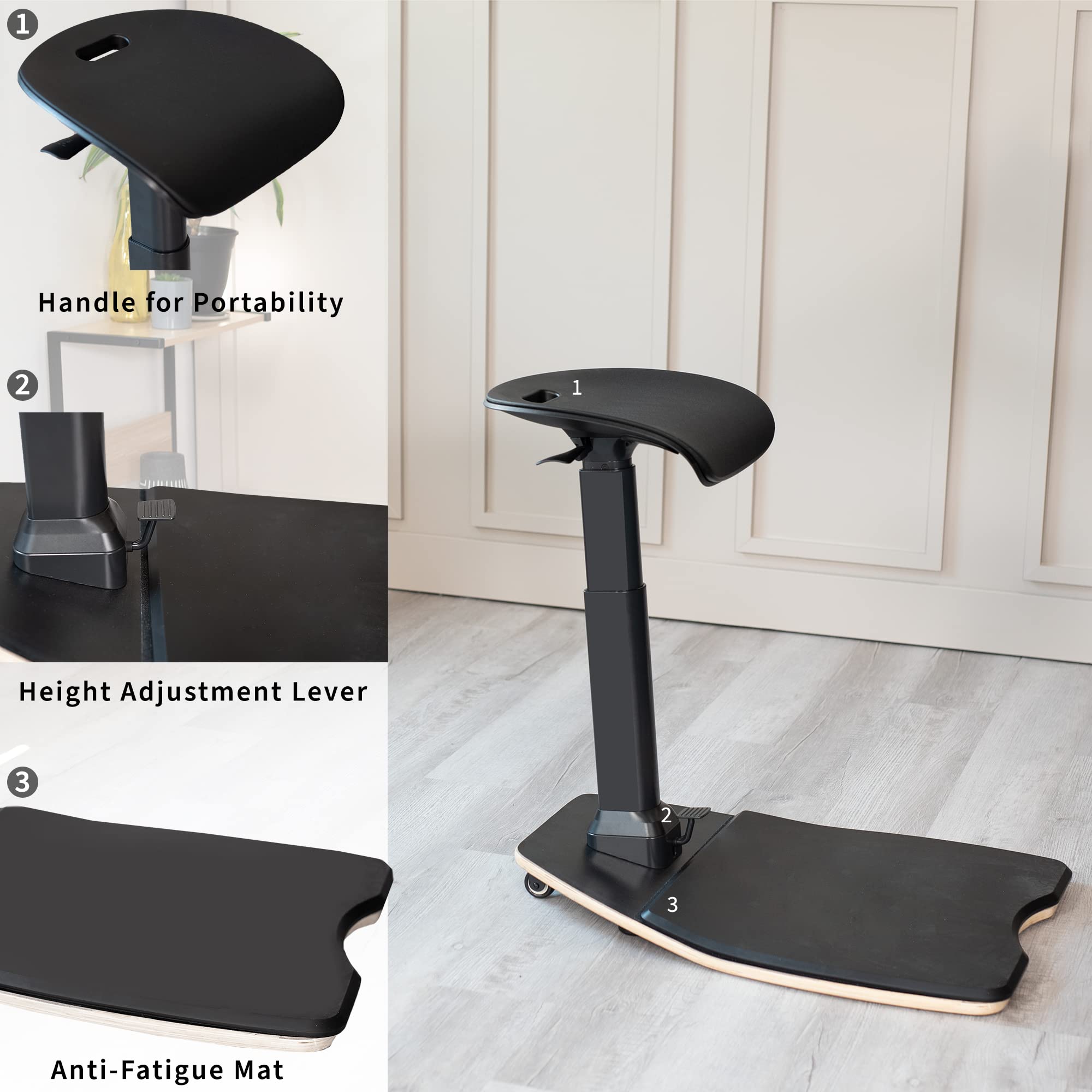 Ergonomic Leaning Perch Chair with Anti-Fatigue Mat, Standing Desk Stool, Height Adjustable Home Office Posture Seat, Black, CHAIR-S02M