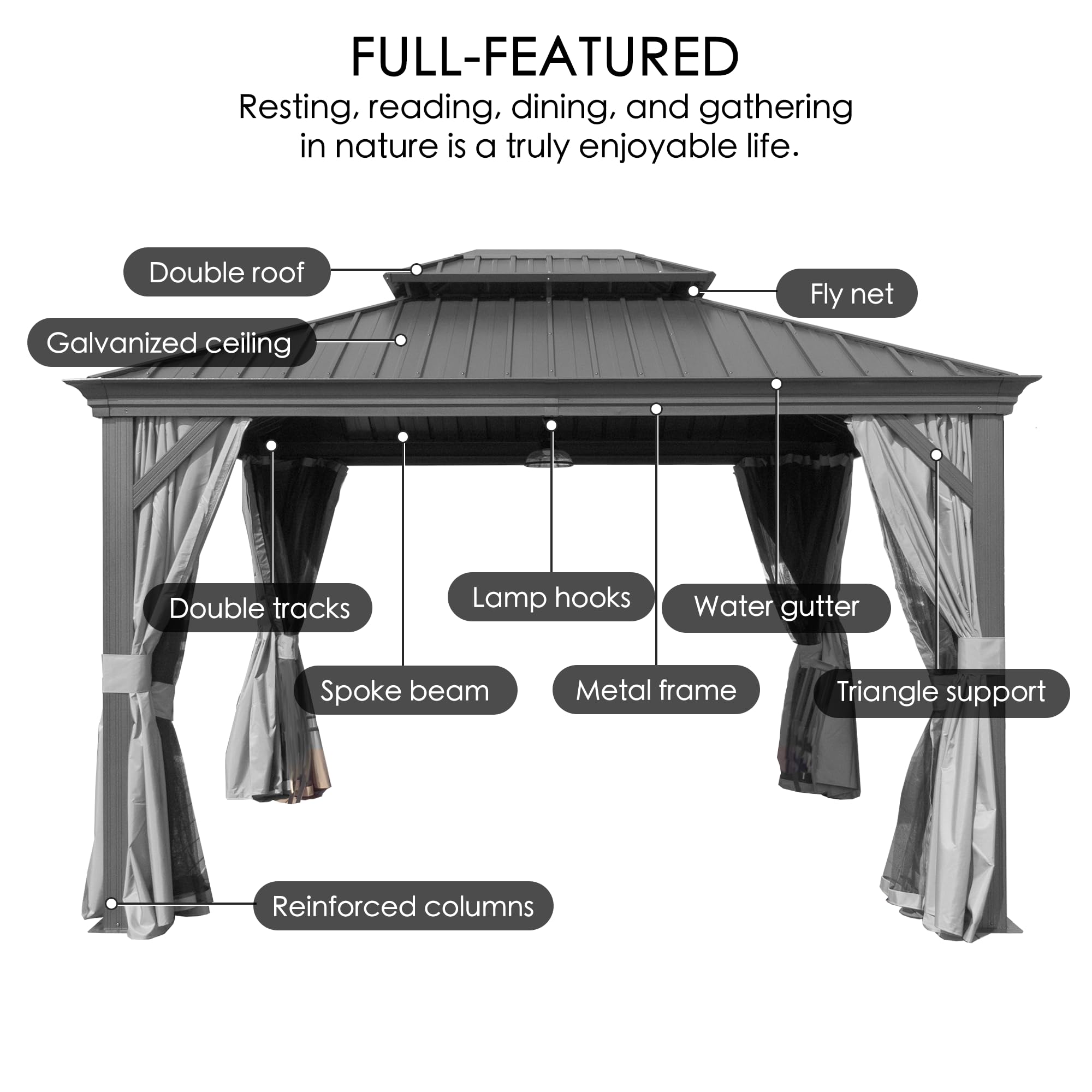 10' x 14' Hardtop Gazebo, Aluminum Frame with Galvanized Steel Double Roof, Outdoor Permanent Pavilion with Curtains and Netting for Patio, Backyard, Deck, Lawn (Gray)