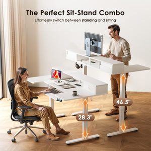 U Shaped Electric Standing Desk with Drawers, 55 Inch Height Adjustable Desk with Keyboard Tray ＆ Ergonomic Monitor Stand, Sit Stand Table with Power Outlets for Home, Office, White
