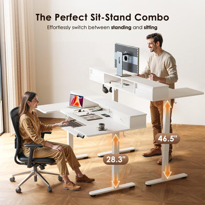 U Shaped Electric Standing Desk with Drawers, 55 Inch Height Adjustable Desk with Keyboard Tray ＆ Ergonomic Monitor Stand, Sit Stand Table with Power Outlets for Home, Office, White