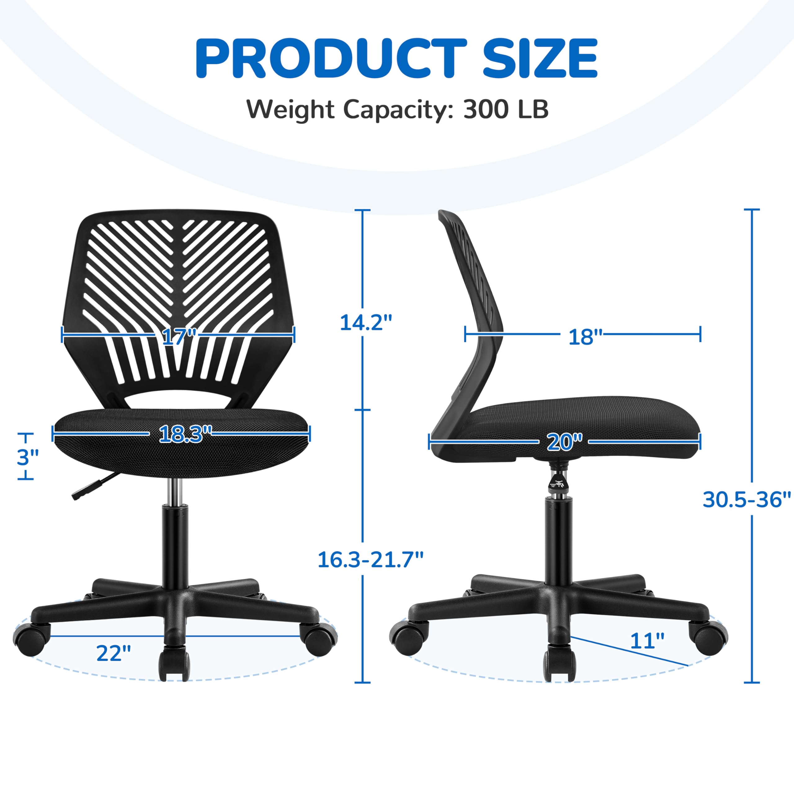 Students Cute Desk Chair Low-Back Armless Study Chair w/Lumbar Support Adjustable Swivel Chair in Home Bedroom School, Black