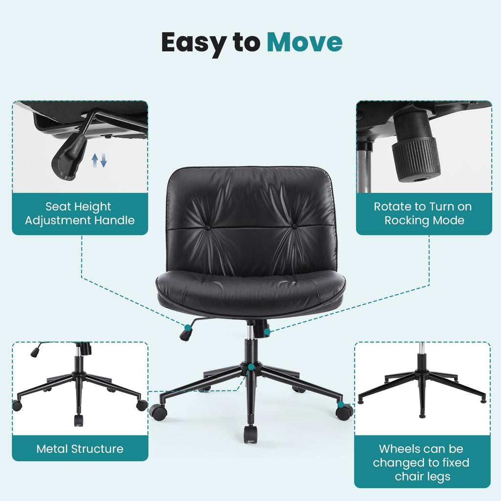 Criss Cross Chair with Wheels Armless Wide Cross Legged Vanity Office Desk Chair with Comfy PU Leather& Back - Swivel for Home Office Bedroom, Black
