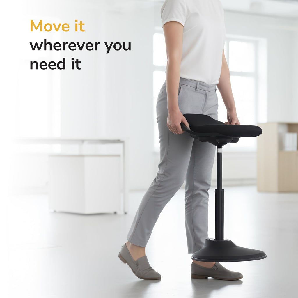 Ergonomic Sit Stand Stool, Height Adjustable Leaning Chair for Standing Desk, 360° Tilting Active Sitting Seat, High-Density Foam Cushion, Non-Slip Weighted Base, Easy Assembly (Black)