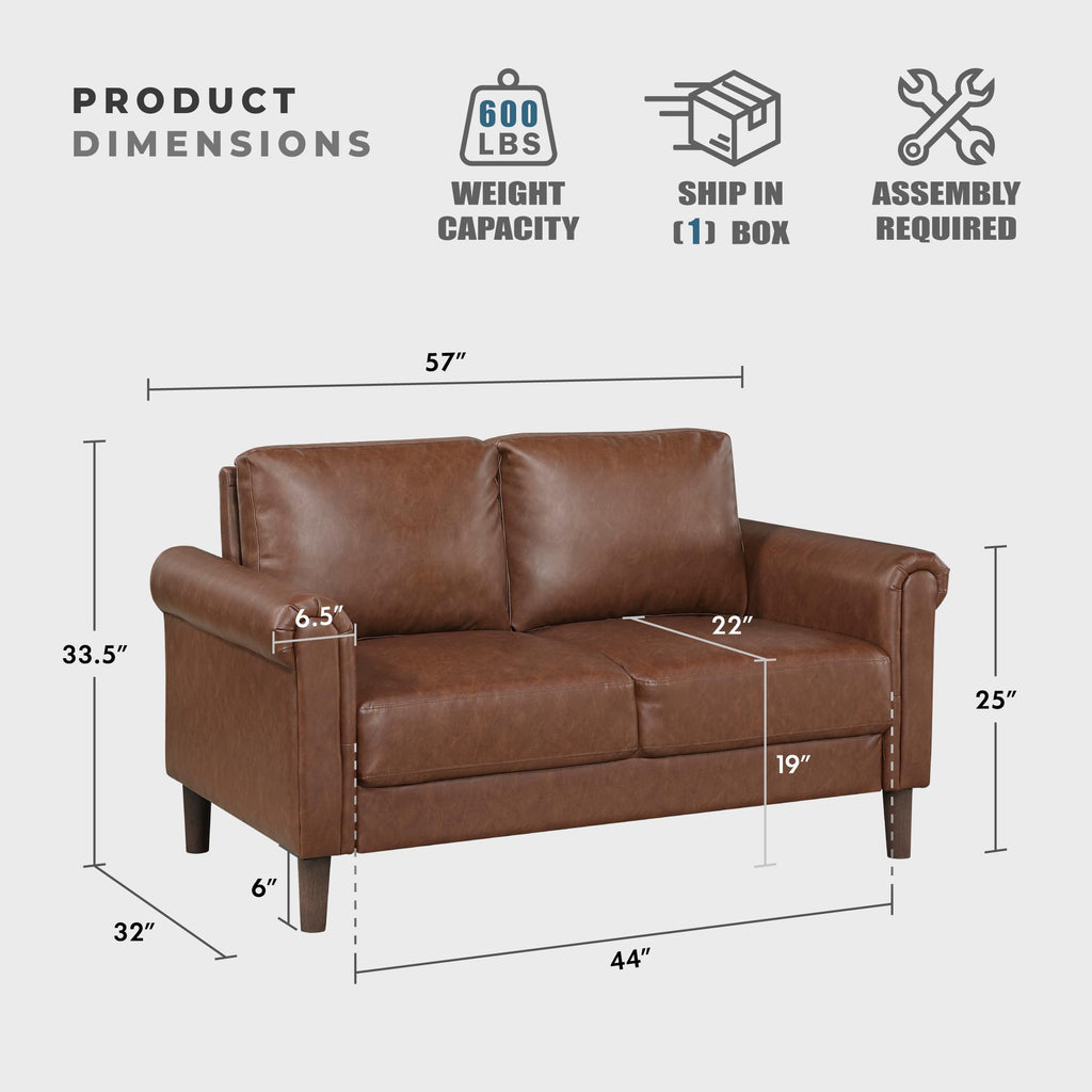 57" W Faux Leather Loveseat Sofa, Upholstered 2-Seater Couch with Rolled Armrest & Wood-Look Feet, Traditional Small Space Living Room, Office or Waiting Room Seating - Chocolate