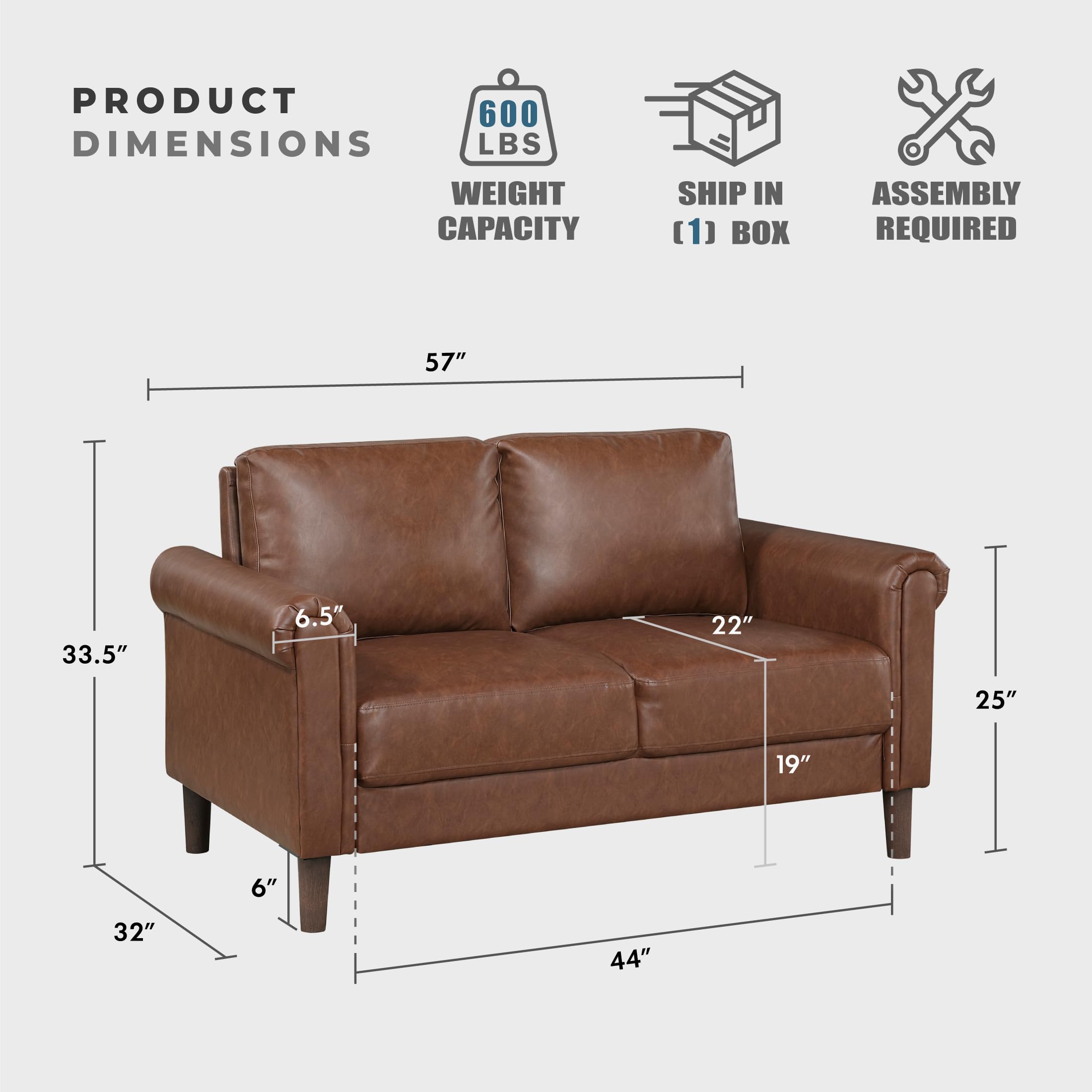 57" W Faux Leather Loveseat Sofa, Upholstered 2-Seater Couch with Rolled Armrest & Wood-Look Feet, Traditional Small Space Living Room, Office or Waiting Room Seating - Chocolate