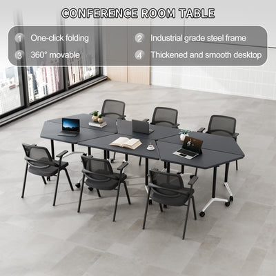 6 Pack Folding Conference Tables with Wheels, 4FT Modern Black Modular Conference Room Table Mobile Trapezoid Foldable Training Table for Office Classroom Meeting (6PACK, Black)