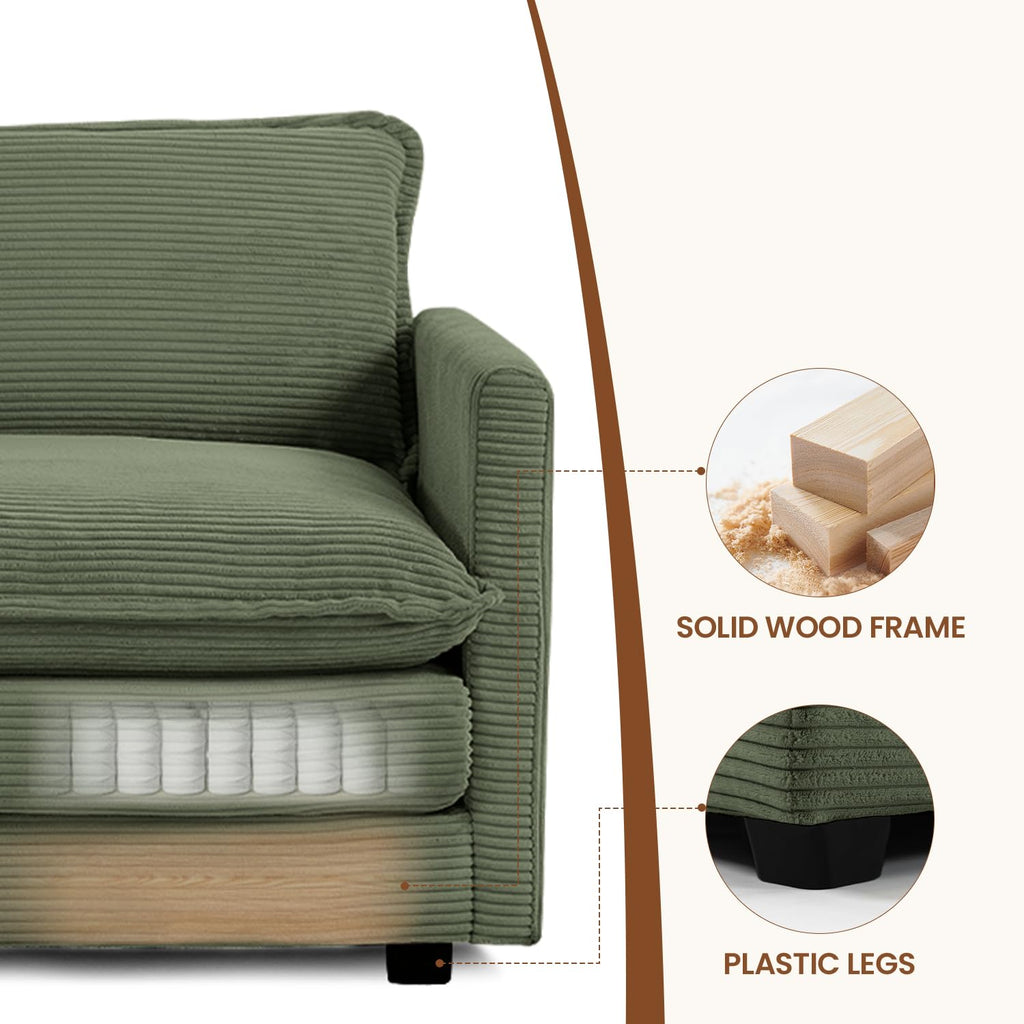 Single Armchair with Ottoman, Modern Corduroy Cloud Couch with Convertible Chaise, Upholstered Sofa Set for Living Room, Green