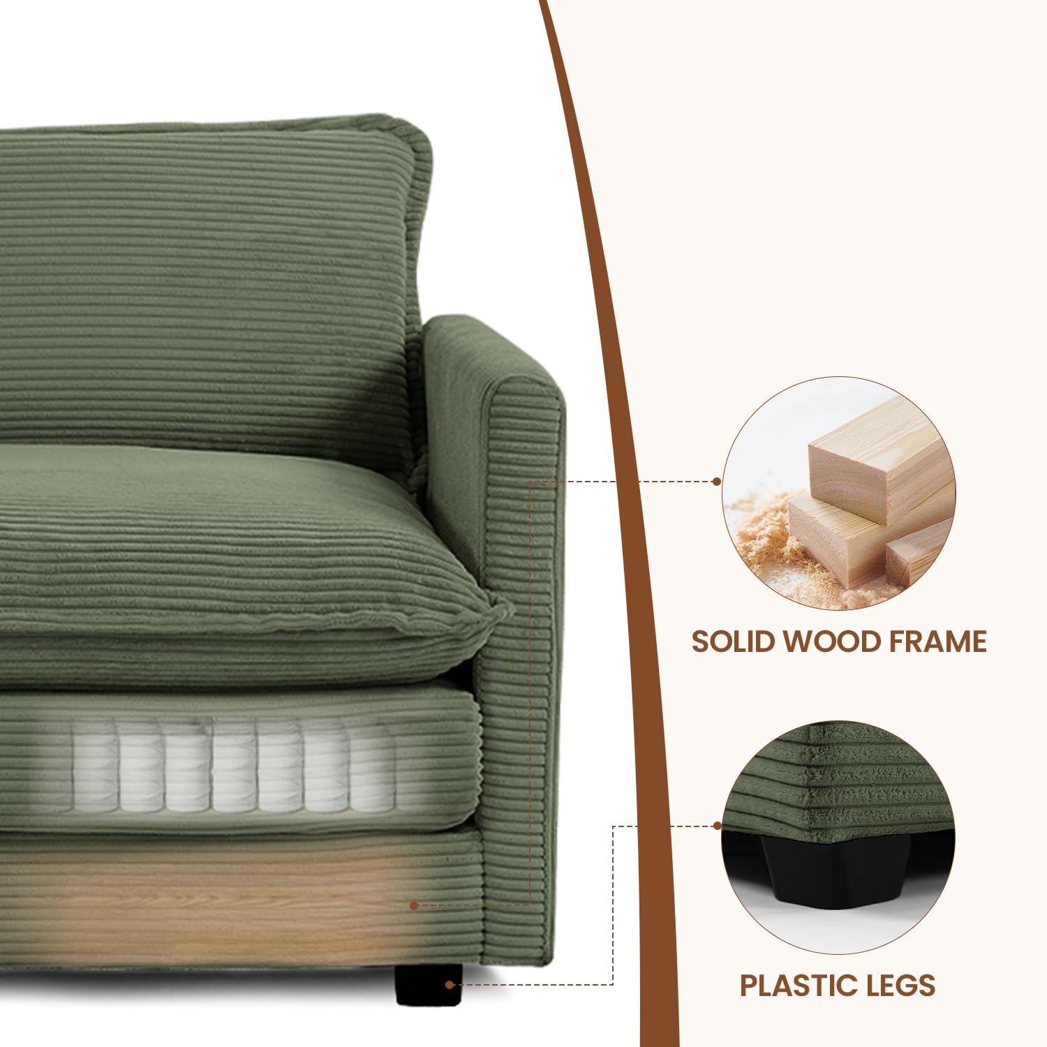Single Armchair with Ottoman, Modern Corduroy Cloud Couch with Convertible Chaise, Upholstered Sofa Set for Living Room, Green