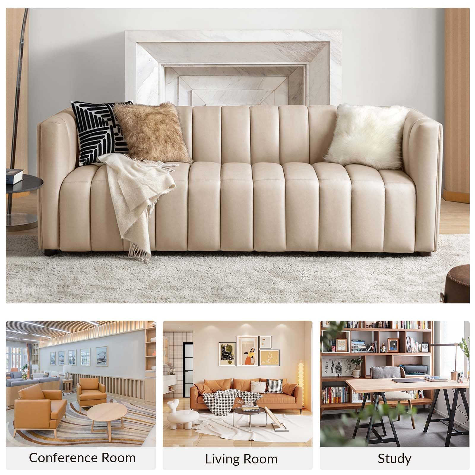83" Genuine Leather Sofa with Channel Tufted Design, 3-Seater Sofa