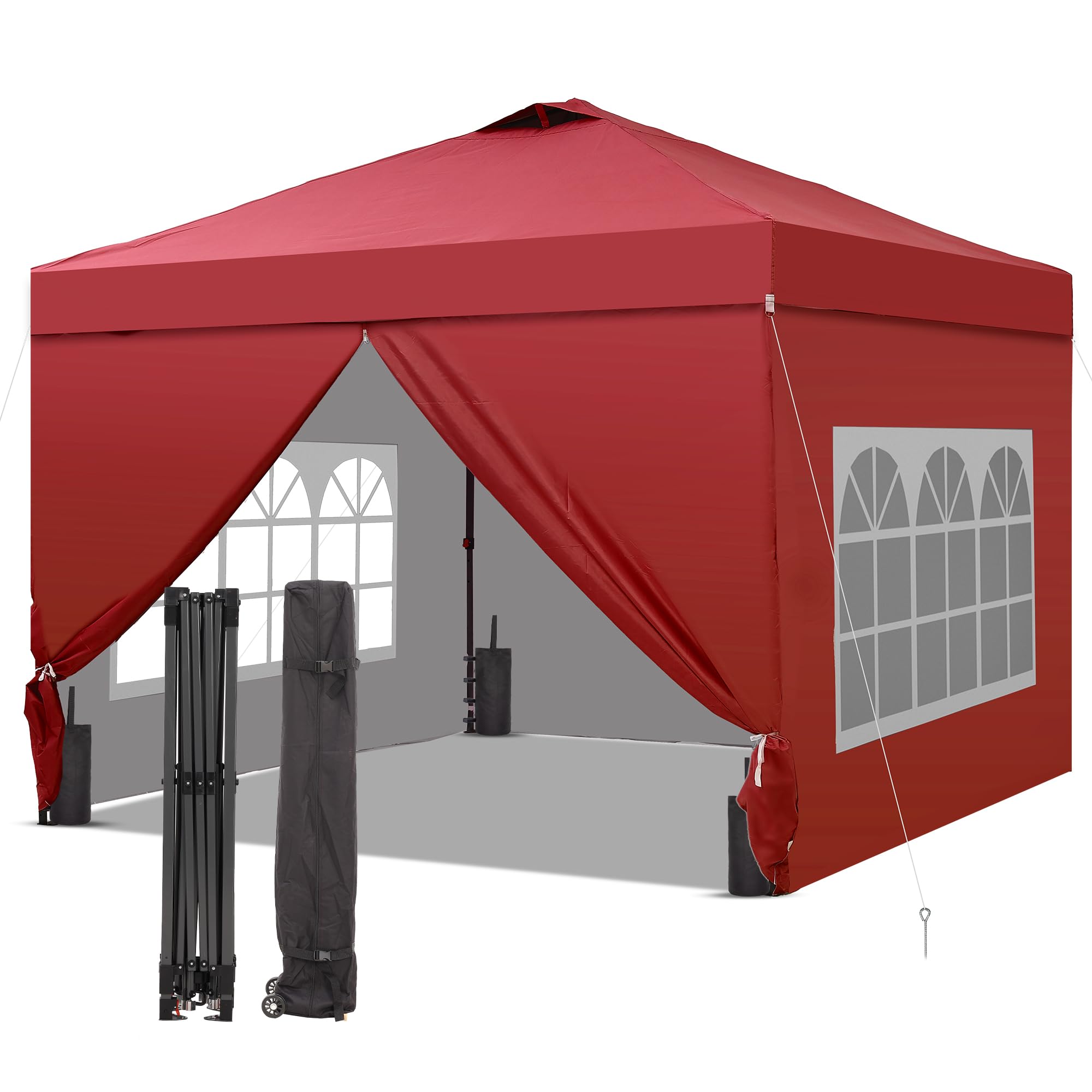 12x12 Pop Up Canopy Tent with 4 Sidewalls, Easy Set up with One Push Lift Gazebo with Wheel Bag and4 Sandbags,Carpas for Events, Parties,Camping, Red.