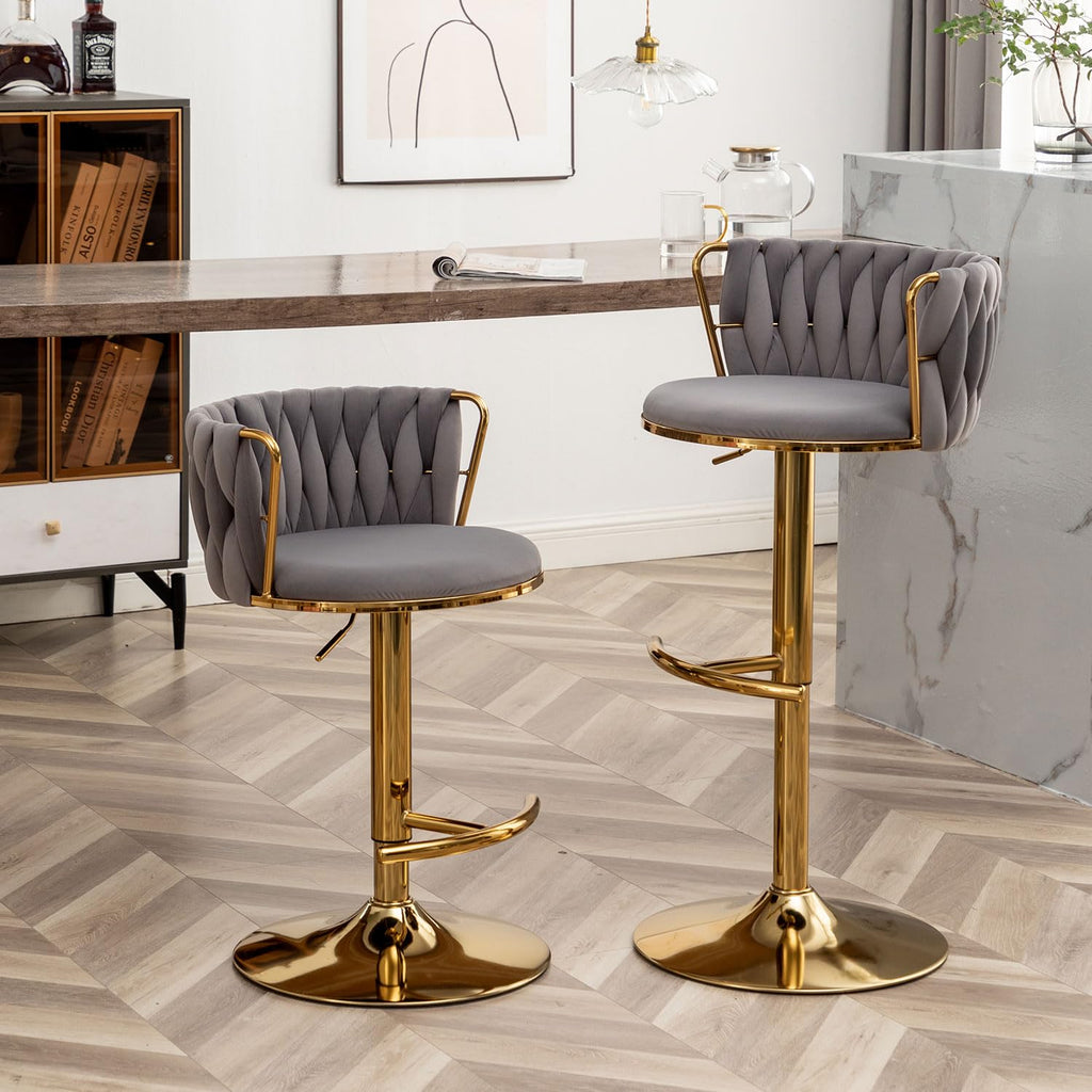 Gold Velvet Bar Stools Set of 4, Swivel Counter Height Bar Stools with Back, Adjustable Woven Barstools for Kitchen Island, Pub, Club (Grey)