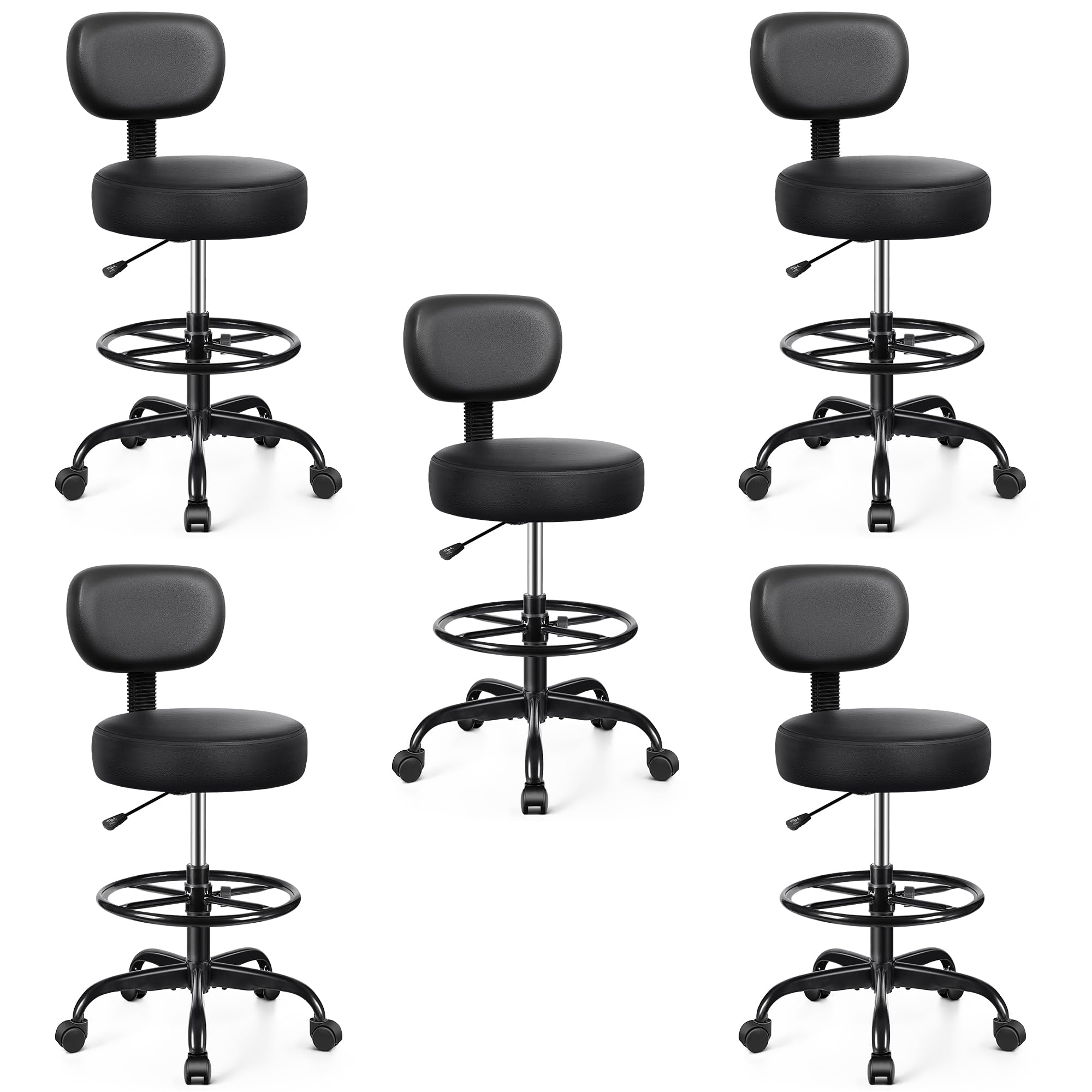 Pack of 5, Drafting Chair with Backrest – Adjustable Foot Rest Rolling Stool with Wheels, PU Leather Swivel Stool for Office Spa Studio Lab Counter Salon Home Work Bar Kitchen Shop(Black),