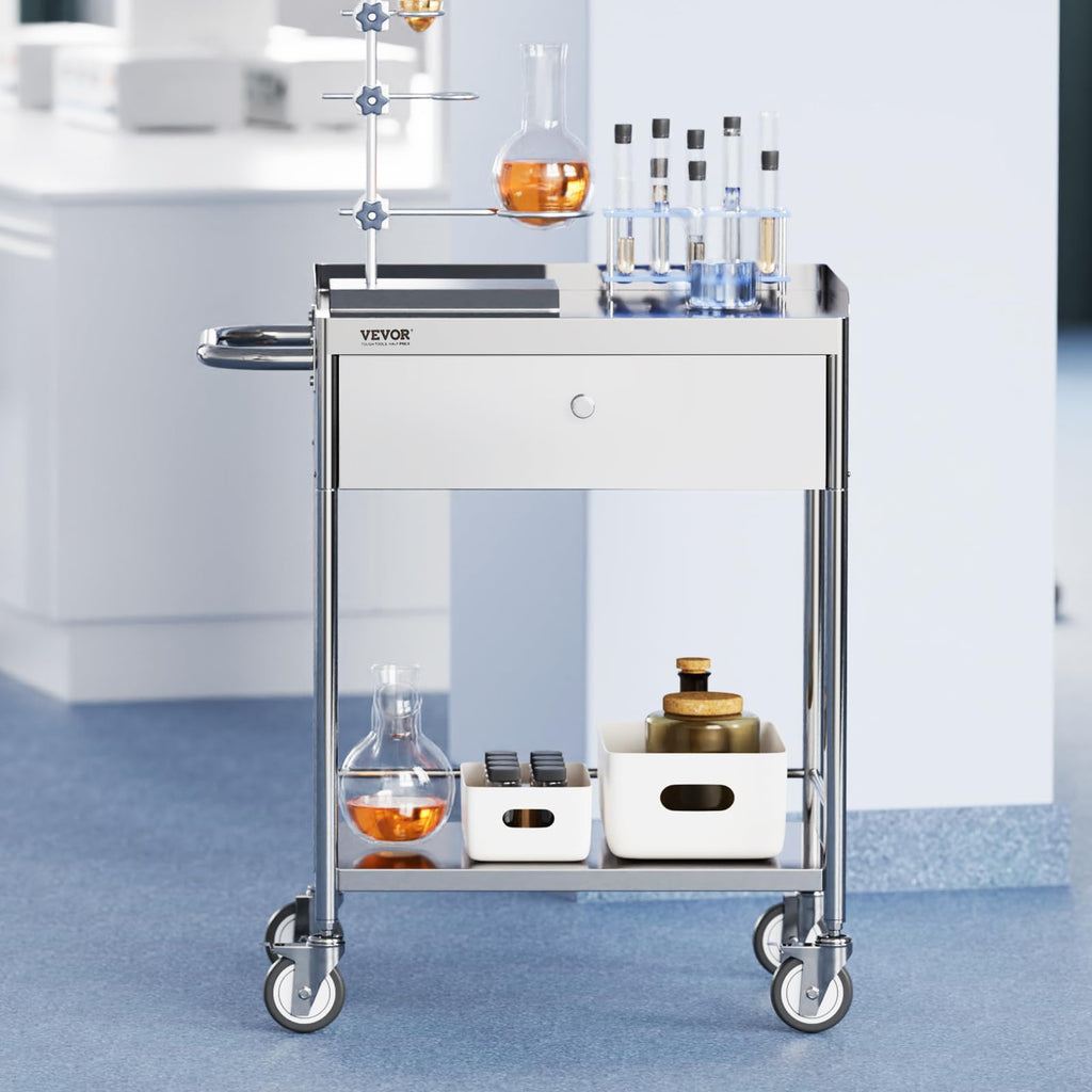 Medical Cart, 2-Layer Stainless Steel Cart 220 lbs Weight Capacity, Lab Utility Cart with 360° Silent Wheels and a Drawer for Lab, Clinic, Kitchen, Salon