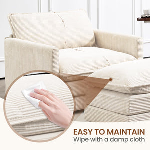 Single Armchair with Ottoman, Modern Corduroy Cloud Couch with Convertible Chaise, Upholstered Sofa Set for Living Room, Beige