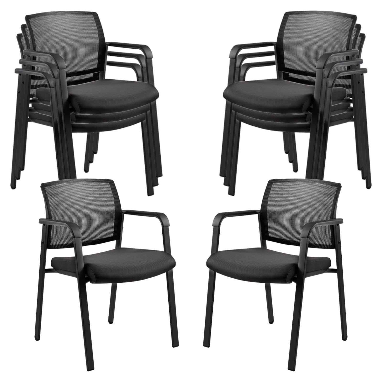 Black 8 Pack Set, Mesh Back Stacking Arm Chairs with Upholstered Fabric Seat and Ergonomic Lumbar Support for Office School Church Guest Reception , New Version