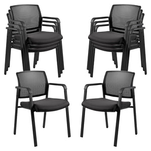 Black 8 Pack Set, Mesh Back Stacking Arm Chairs with Upholstered Fabric Seat and Ergonomic Lumbar Support for Office School Church Guest Reception , New Version
