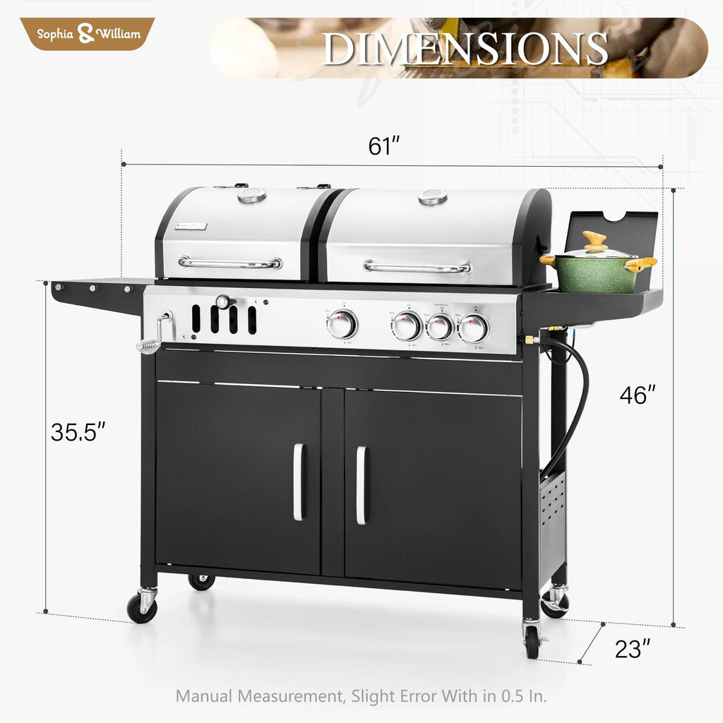 Charcoal and Propane Gas Grill Combo with Side Burner & Porcelain-Enameled Cast Iron Grate, Dual Fuel BBQ Grill for Outdoor, Barbecue Grill, 690 SQIN Cooking Area