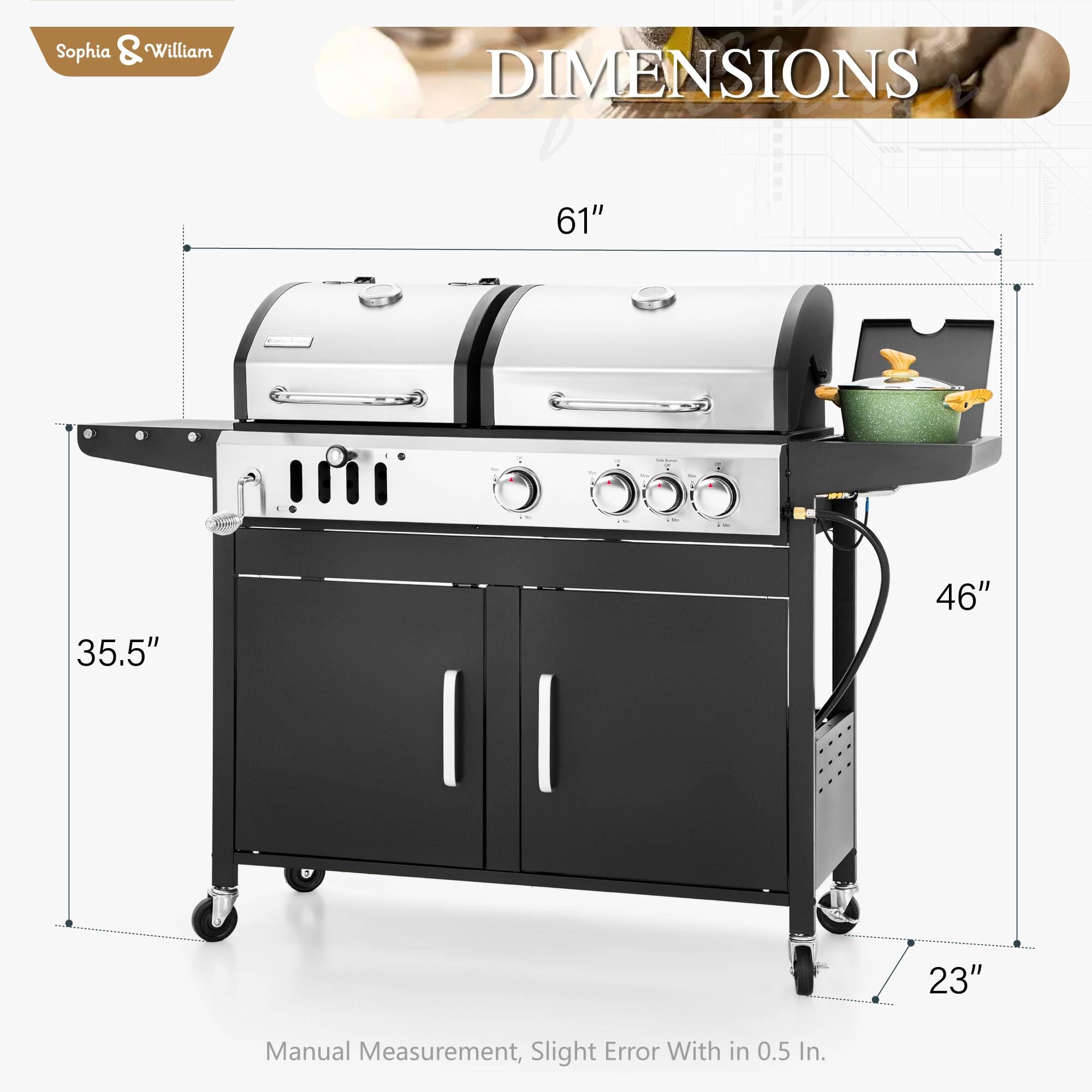 Charcoal and Propane Gas Grill Combo with Side Burner & Porcelain-Enameled Cast Iron Grate, Dual Fuel BBQ Grill for Outdoor, Barbecue Grill, 690 SQIN Cooking Area