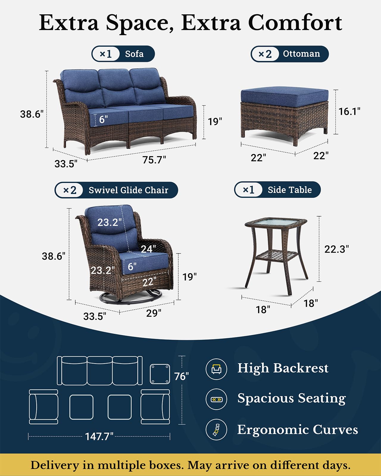 Luxury Patio Furniture Set with 6-inch Thick Cushion, Outdoor Couch and High Back Swivel Rocker Patio Chairs, 6PCS Wicker Conversation Set for Deck Yard and Poolside, Blue (V2)