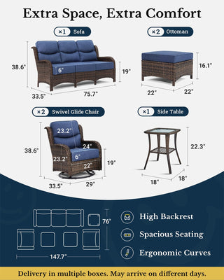 Luxury Patio Furniture Set with 6-inch Thick Cushion, Outdoor Couch and High Back Swivel Rocker Patio Chairs, 6PCS Wicker Conversation Set for Deck Yard and Poolside, Blue (V2)