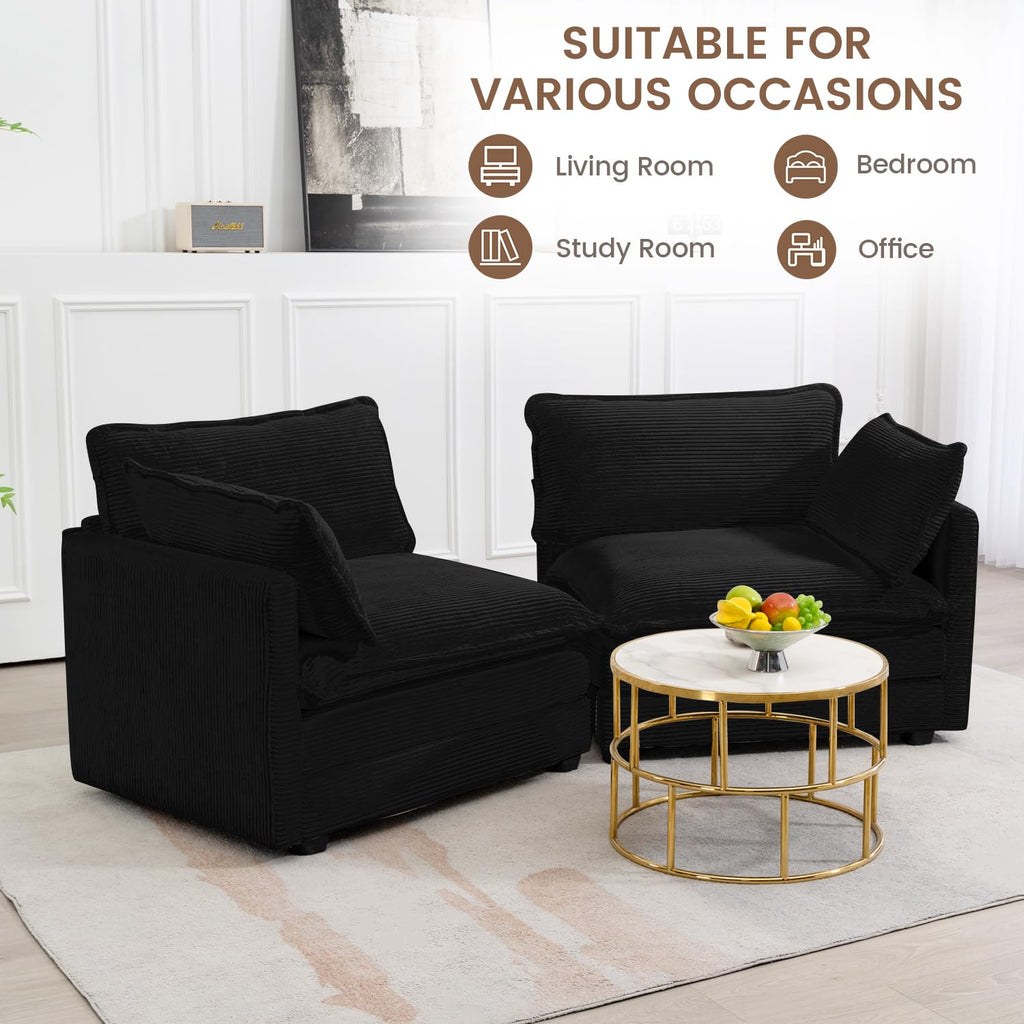 Sectional 2 Seat Cloud Loveseat with 2 Throw Pillows, Modern Corduroy Love Seat Sleeper Bed, Convertible Cozy Sofa for Living Room and Office, Black