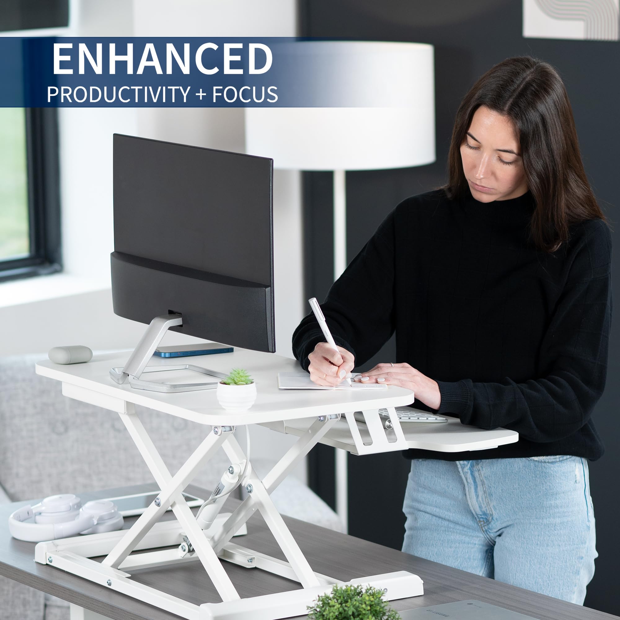 26 inch Desk Converter, K Series, Height Adjustable Sit to Stand Riser, Dual Monitor and Laptop Workstation with Keyboard Tray, White, DESK-V026KW