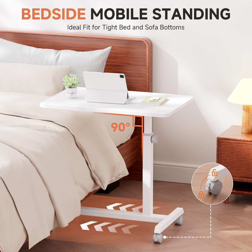 Small Standing Desk, 24 Inches Mobile Rolling Laptop PC Table with Lockable Casters, Adjustable Height Overbed Bedside Table Computer Workstation for Home Office, White-Fixed
