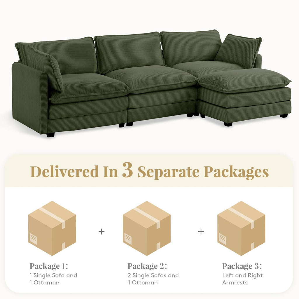 112'' Sectional Modular Cloud Couch, Oversized L Shaped 3 Seat Sofa with Movable Ottomans, 2 Throw Pillows, Upholstered Corduroy L Shape Comfy Deep Couches for Living Room and Office, Green