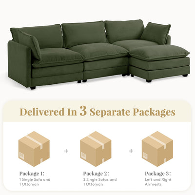 112'' Sectional Modular Cloud Couch, Oversized L Shaped 3 Seat Sofa with Movable Ottomans, 2 Throw Pillows, Upholstered Corduroy L Shape Comfy Deep Couches for Living Room and Office, Green