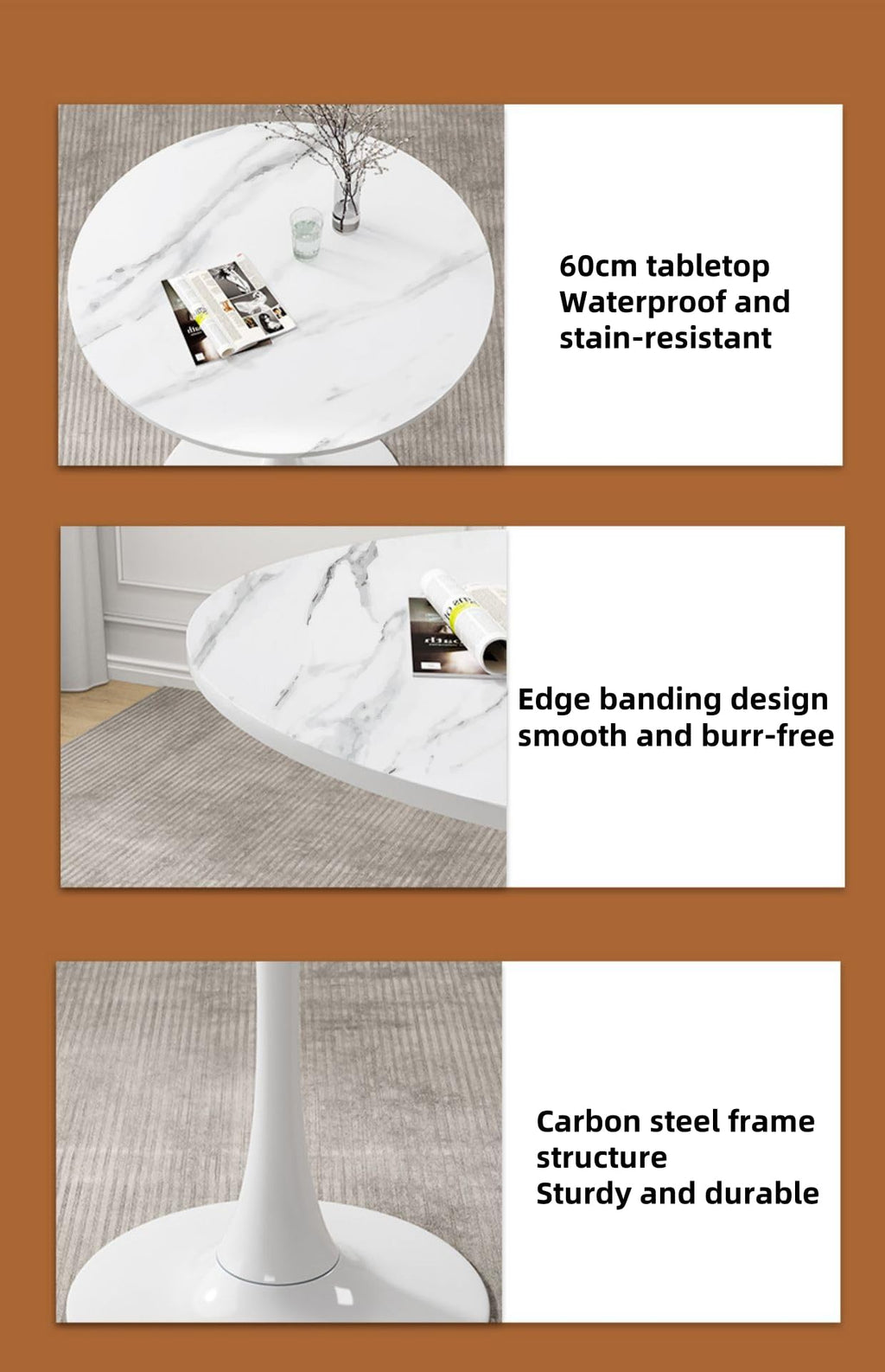 24" Tulip Table for 1-2 Persons Modern Round Dining Table, Mid-Century Modern White Marble Small Kitchen Table with MDF Wooden Top, Leisure Coffee Table for Living Room, Dining Room, Office